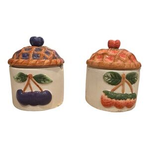 Vintage Ceramic Jam and Jelly Blueberry Strawberry Pie Lidded Jars with Spoon
